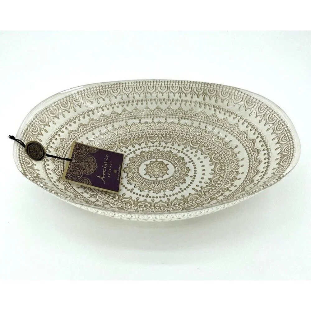 Artistic Accents White Glass Oval Serving Bowl Gold Lace Print Handmade NWT